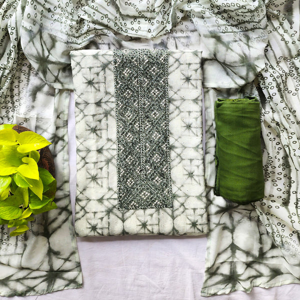 Diya-Pure Cotton  Hakoba Off White With Green Suit