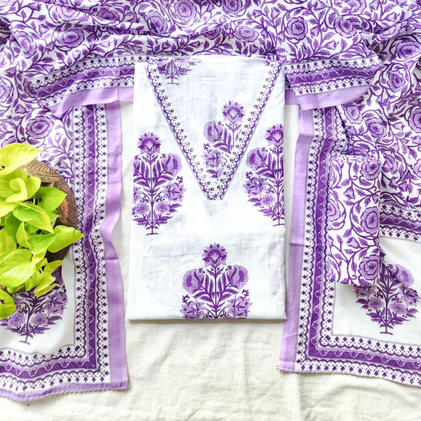 Diya-Pure Cotton Jaipuri White With Purple V Neck Suit