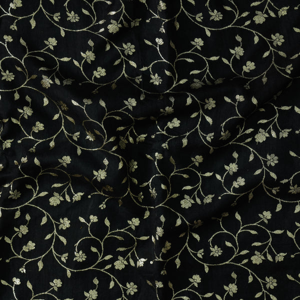 Dola Silk Royal Black With Golden Zari Flower Jaal Hand Woven Fabric