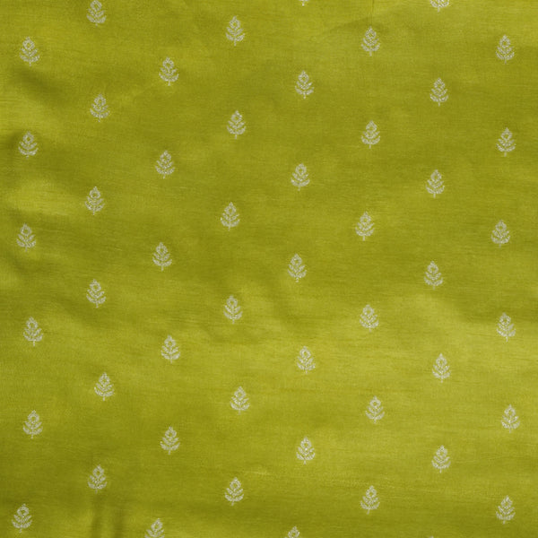 ( Pre-Cut 1.40 Meter )Dola Silk Royal Light Mehindi Green With Golden Zari Flower Motif Hand Woven Fabric