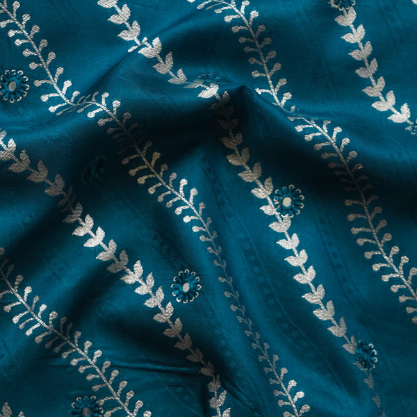 Dola Silk Zari With Mirror Work Teal Blue Fabric