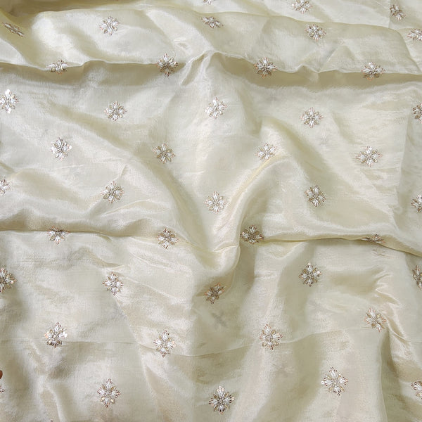 ( Width 46 Inches ) Emboiderey Tissue Cream Zari Intricate Work Flower Motif Hand Woven Fabric