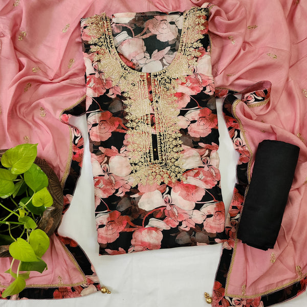 FALAK-Organzia Black With Pink Roses And Golden Zari Yoke Top And  Rayon Black Plain Bottom And Rayon Dupatta Suit