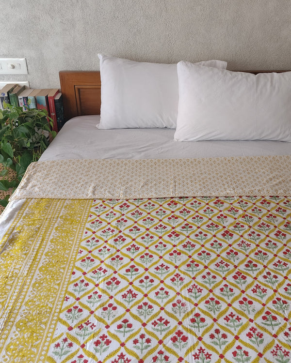 GENDA PHOOL - Pure Cotton Soft Hand Block Printed Double Bed Reversible Dohar Blanket