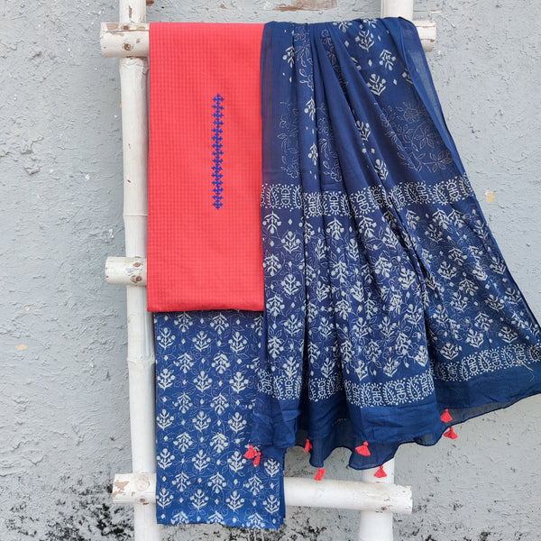 GUL-Pure Cotton Dark Peach With Blue Emboriderey Neck Design Top And Indigo Bottom And Cotton Dupatta