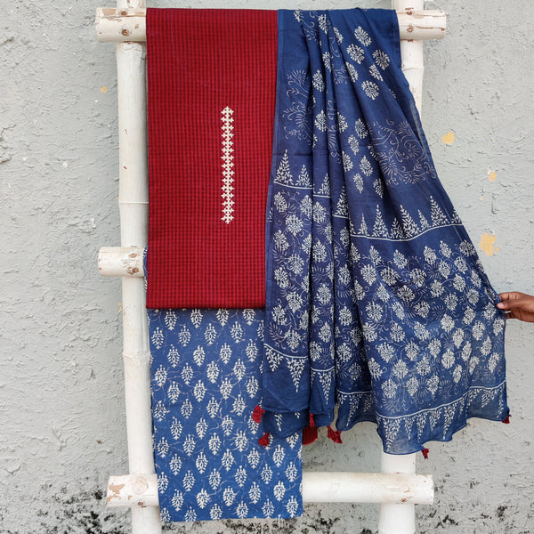 GUL-Pure Cotton Maroon With Black Checks With Cream  Emboriderey Neck Design Top And Indigo Bottom And Cotton Dupatta