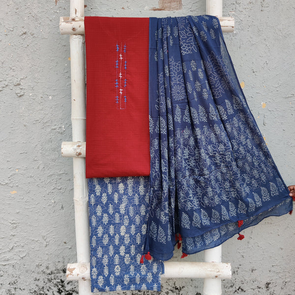 GUL-Pure Cotton Maroon With Blue And Cream Star Work Border Emboriderey Neck Design Top And Indigo Bottom And Cotton Dupatta