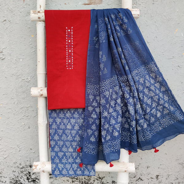 GUL-Pure Cotton Maroon With Mirror Work Border Emboriderey Neck Design Top And Indigo Bottom And Cotton Dupatta