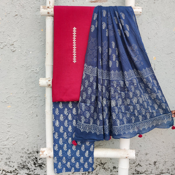 GUL-Pure Cotton Red With Cream Emboriderey Neck Design Top And Indigo Bottom And Cotton Dupatta