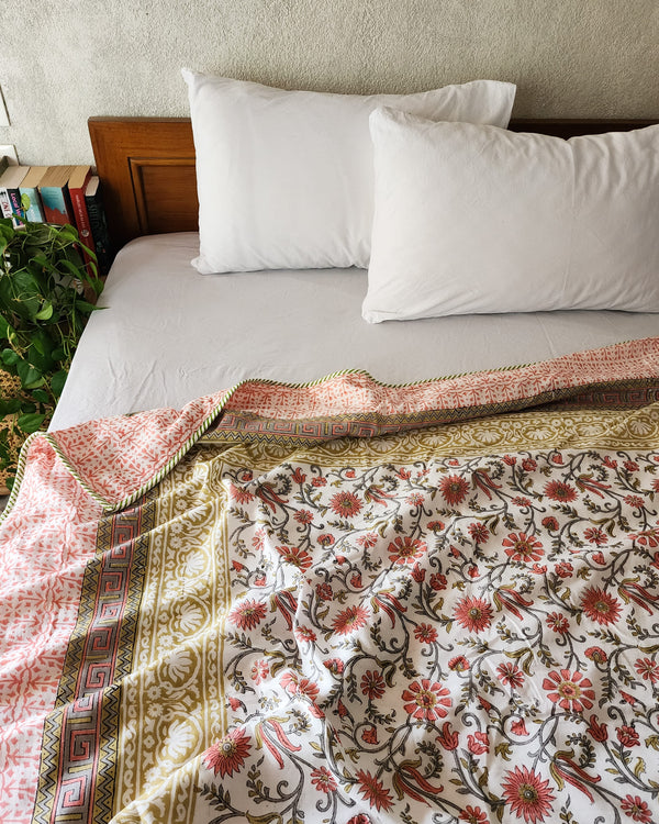 GULMOHAR - Pure Cotton Soft Hand Block Printed Double Bed Reversible Dohar Blanket