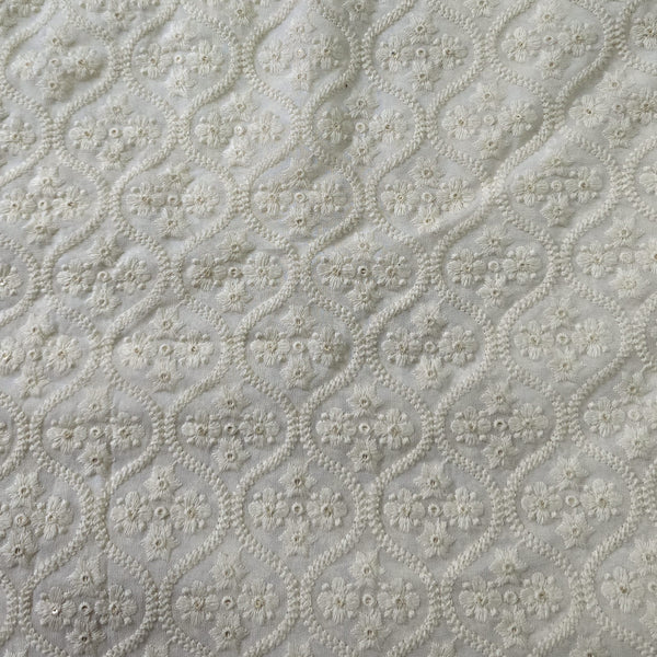 ( Width 48 Inches ) Georgette Off White Emboiderey Jaal With Flower Hand Woven Fabric