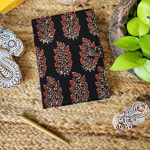 Handmade Upcycled Ajrak Black With Red Leaves Motif Jaal Notepad Planner