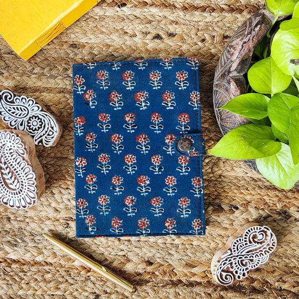 Handmade Upcycled Ajrak With Red Flower Buds Notepad Planner