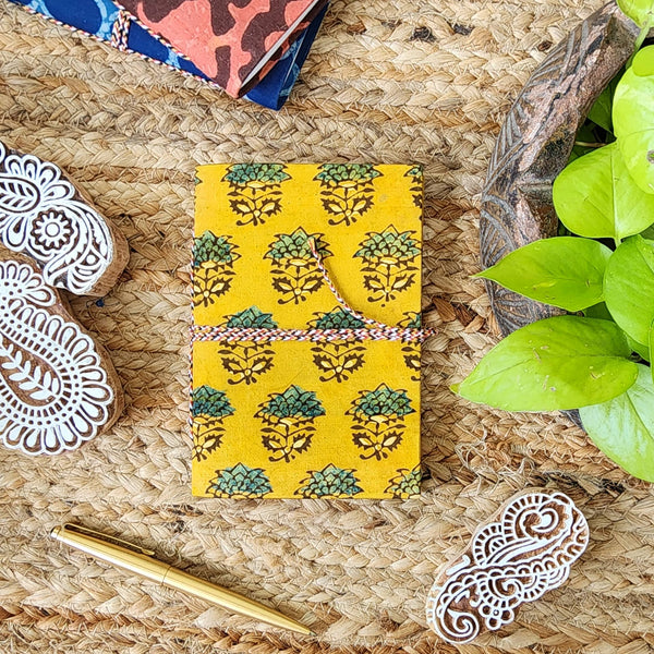 Handmade Upcycled Ajrak Yellow With Green Intricate Flower Motif Bahi Diary A6