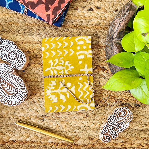 Handmade Upcycled Dabu Mustard  Intricate Flower Design Bahi Diary A6