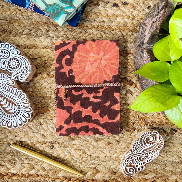 Handmade Upcycled Vanaspati Black With Rust Red Flower Jaal Bahi Diary A6