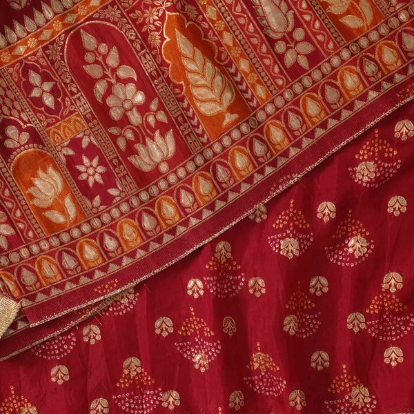 Heavy Dola Silk  Red With Orange Big Border Hand Woven Fabric