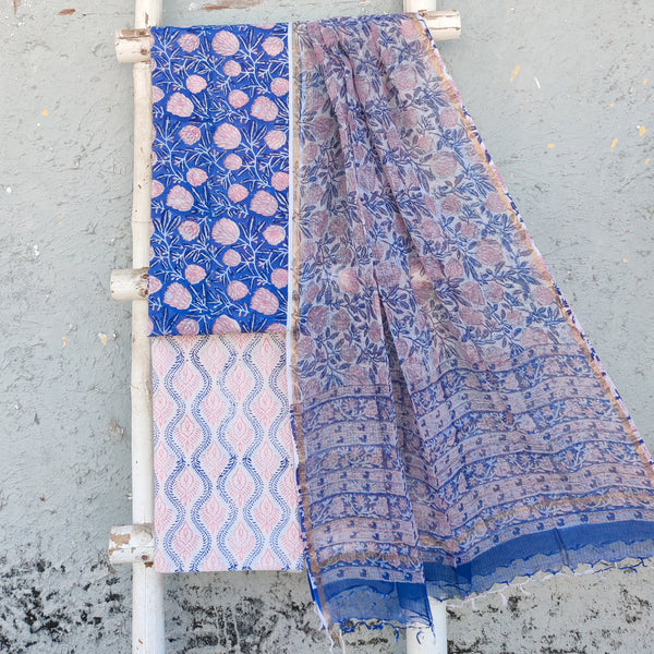 ROZANA-Pure Cotton Jaipuri  Blue With Pink Flower Top And White Pink And Blue Intricate Design Bottom And Kota Dupatta