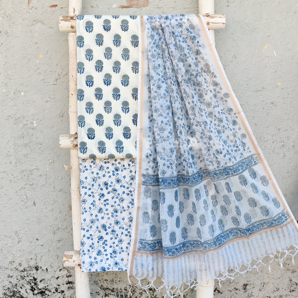 ROZANA-Pure Cotton Jaipuri White And Grey Flower Motif And White And Grey And Blue Bottom And kota Dupatta