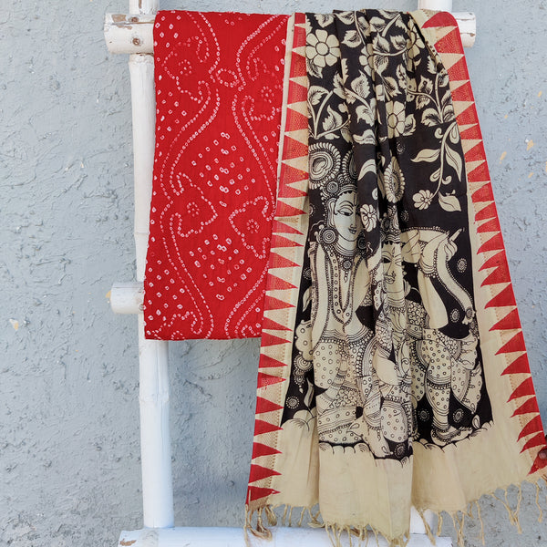 BANDHANI-KALAMKARI-Pure Cotton Bandhani Top Fabric With Hand Painted Kalamkari Dupatta Red and Cream And Black