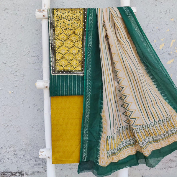 MEERA-Pure Cotton Green with Mustard Intricate Yoke And Mustard Pant And Kota dupatta