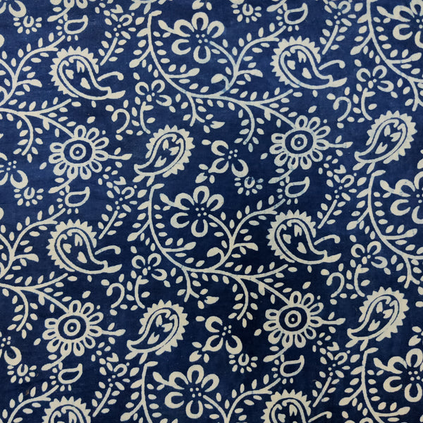 ( Pre-Cut 2 Meter  ) Pure Cotton Indigo With White And Kairi Jaal Hand Block Print Fabric