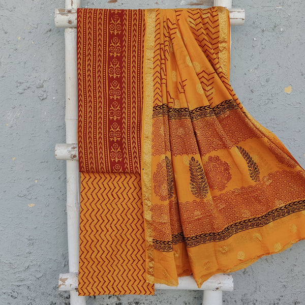 Bagh-E-Wafa-Pure Cotton Mustard With Orange Kairi Flower Motif Top And Orange With Mustard Bottom And Cotton Dupatta Unstitched Suit