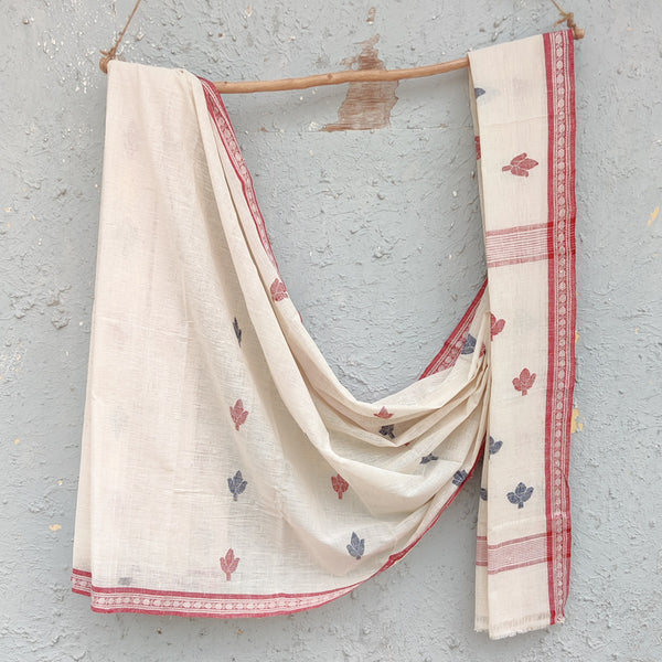 MALKHA-Handloom White With Blue And Maroon  Flower Saree