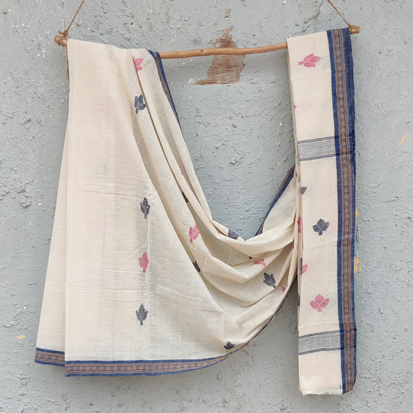 MALKHA-Handloom White With Blue And Pink Flower Saree