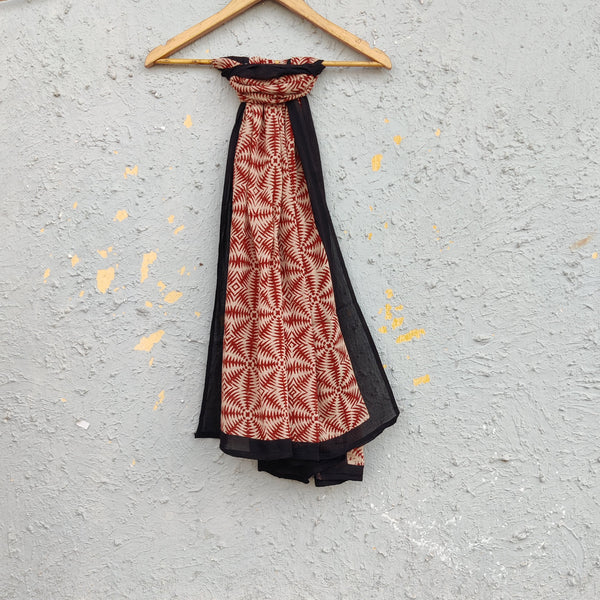 ANVI - Pure Cotton Bagru Cream With Maroon With Plain Black Border Hand Block Print Stole