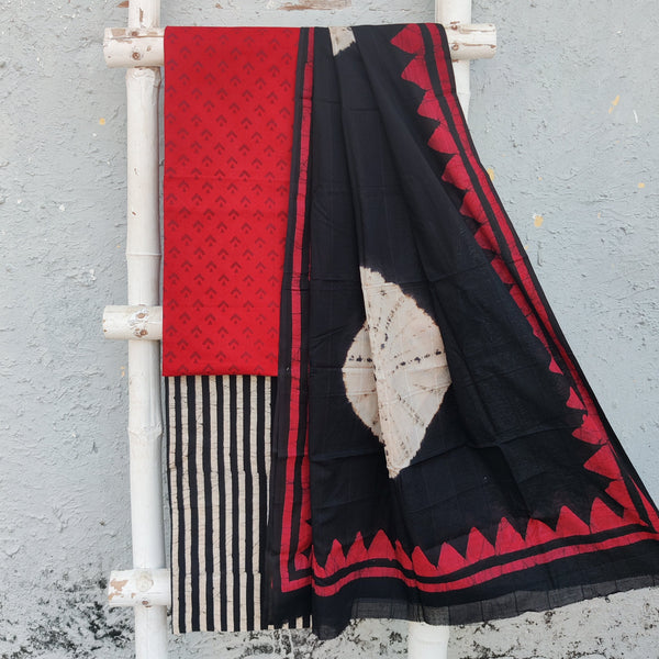 INAYA-Pure Cotton Red Top And Black With Off White Stripes Bottom And Cotton Dupatta