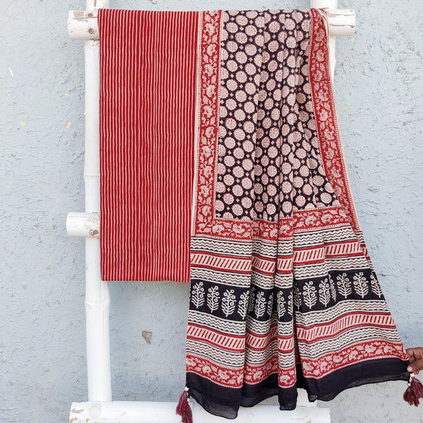 INAYA-Pure Cotton Rust With Cream Stripres Top With Black And Rust Cotton Dupatta