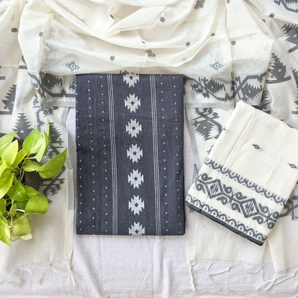 JAMDANI-Pure Cotton Gray With Jamdani Intricate Design