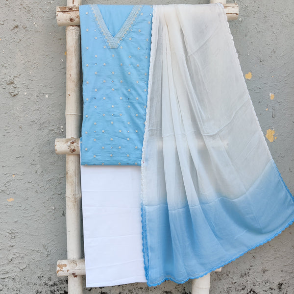 JEENA-Pure Cotton Blue With Neck Emboriderey  V Top And White Cotton Bottom And Chiffion Dupatta