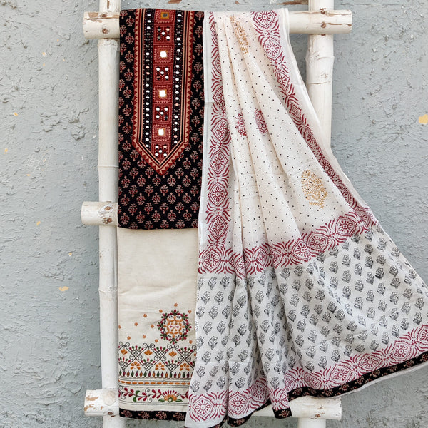 JIYA-Pure Cotton Ajrak Black With Intricate Yoke And Cream Beautiful Emboriderey Design Bottom And Cotton Dupatta