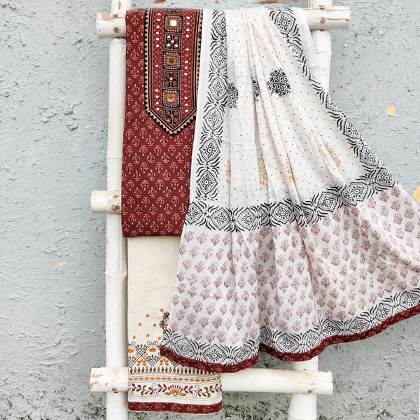 JIYA-Pure Cotton Ajrak Rust With Intricate Design Yoke With Emboriderey Bottom And Cotton Dupatta