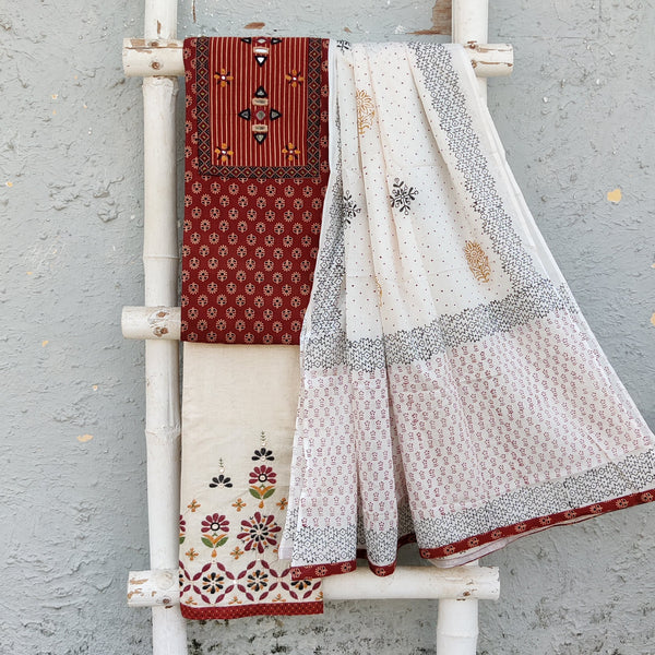 JIYA-Pure Cotton Ajrak Rust With Intricate Yoke And White Bottom With Beautiful Emboriderey Design Bottom And Cotton Dupatta