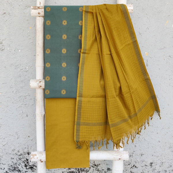 KAAMINI-Pure Cotton Handloom  Light Green With Mustard Intricate  Design Top And Plain Mustard Bottom Mustard Dupatta