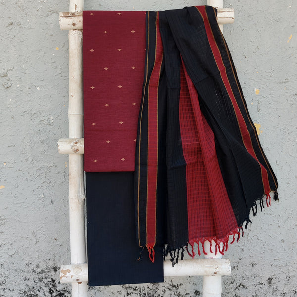 KAAMINI-Pure Cotton Handloom  Maroon With Black Intricate Design Top And Plain Black Bottom Black With Maroon Dupatta