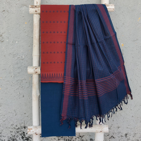 KAAMINI-Pure Cotton Handloom Red With Navy Blue Intricate Design Top And Plain Navy Blue Bottom Navy Blue With Red Dupatta