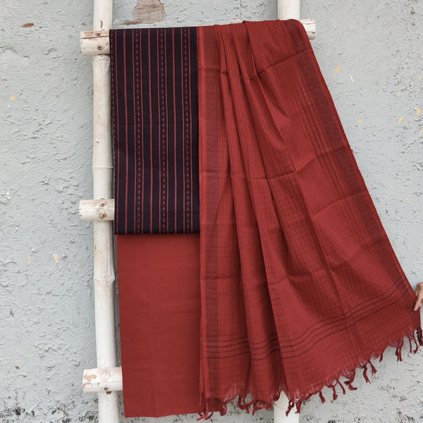 KAAMINI - Pure Cotton South Handloom Black With Maroon Border Plain South Cotton Bottom And A South Cotton Dupatta