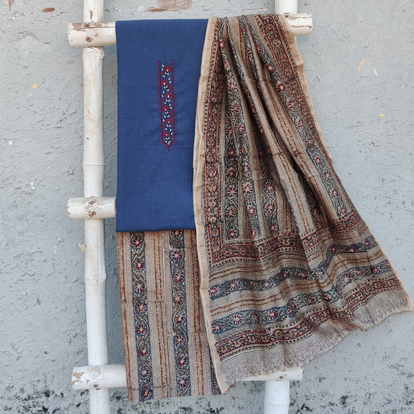 KAIRI-Pure Cotton Handloom  Blue Top With Emboriderey Straight Border Pure Cotton Kalamakari  Rust Red With Cream Bottom And Matching Chanderi Dupatta