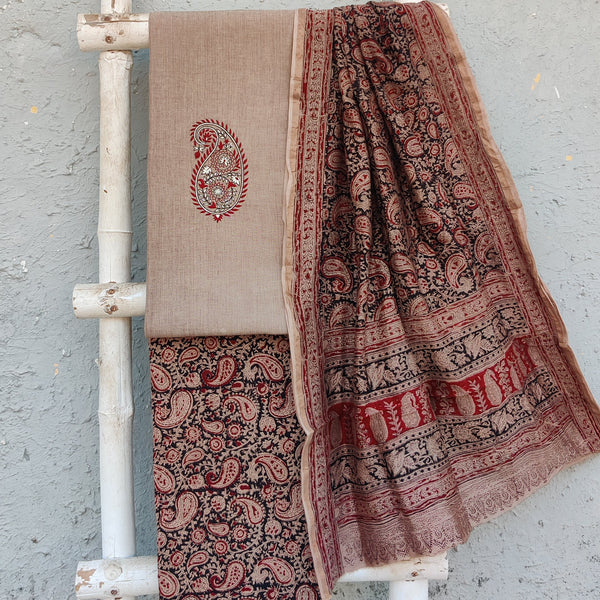 KAIRI-Pure Cotton Handloom Cream Top With Emboriderey Kairi Motif Pure Cotton Kalamakari Black With Rust Red Bottom And Matching Chanderi Dupatta