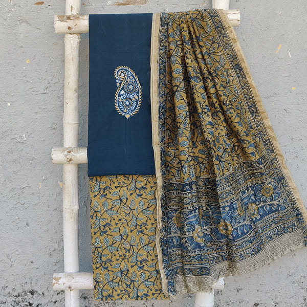 KAIRI-Pure Cotton Handloom Dark Green Top With Emboriderey Kairi Motif Pure Cotton Kalamakari  Yellow With Blue Bottom And Matching Chanderi Dupatta