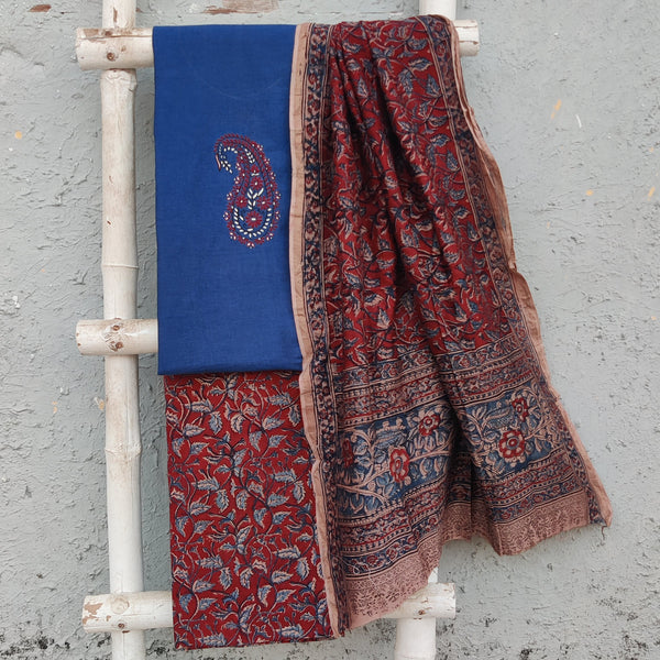 KAIRI-Pure Cotton Handloom Ink Blue Top With Emboriderey Kairi Motif Pure Cotton Kalamakari Red With Blue Bottom And Matching Chanderi Dupatta