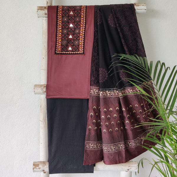 KASHVI-Satin Cotton Plain Brown With Ajrak Yoke Design With Triangle Mirror Work And Pure Cotton Plain Black Bottom And  Crush Satin Cotton Dupatta Suit