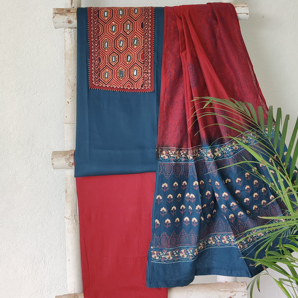 KASHVI-Satin Cotton Plain Dark Green With Ajrak Yoke Design With  Mirror Work And Pure Cotton Plain Maroon Bottom And  Crush Satin Cotton Dupatta Suit