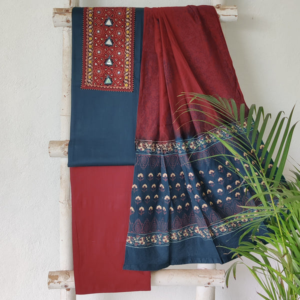 KASHVI-Satin Cotton Plain Dark Green With Ajrak Yoke Design With Triangle Mirror Work And Pure Cotton Plain Maroon Bottom And  Crush Satin Cotton Dupatta Suit