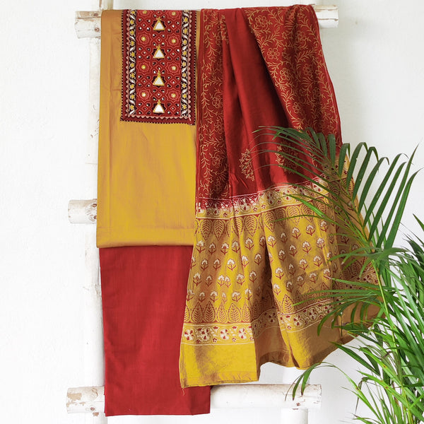 KASHVI-Satin Cotton Plain Mustard With Ajrak Yoke Design With Triangle Mirror Work And Pure Cotton Plain Maroon Bottom And  Crush Satin Cotton Dupatta Suit