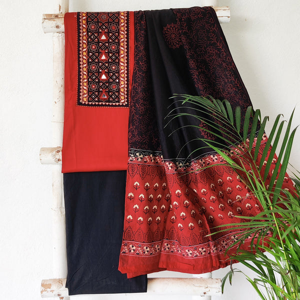 KASHVI-Satin Cotton Plain Red Plain With Ajrak Yoke Design With Triangle Mirror Work And Pure Cotton Plain Black Bottom And  Crush Satin Cotton Dupatta Suit